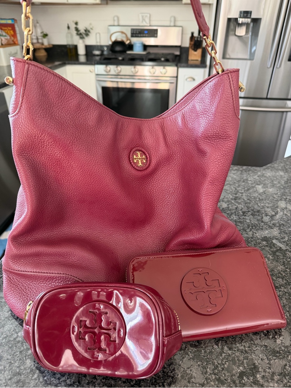 Tory Burch Wine Red Pebbled Leather Shoulder Bag with Matching Wallets